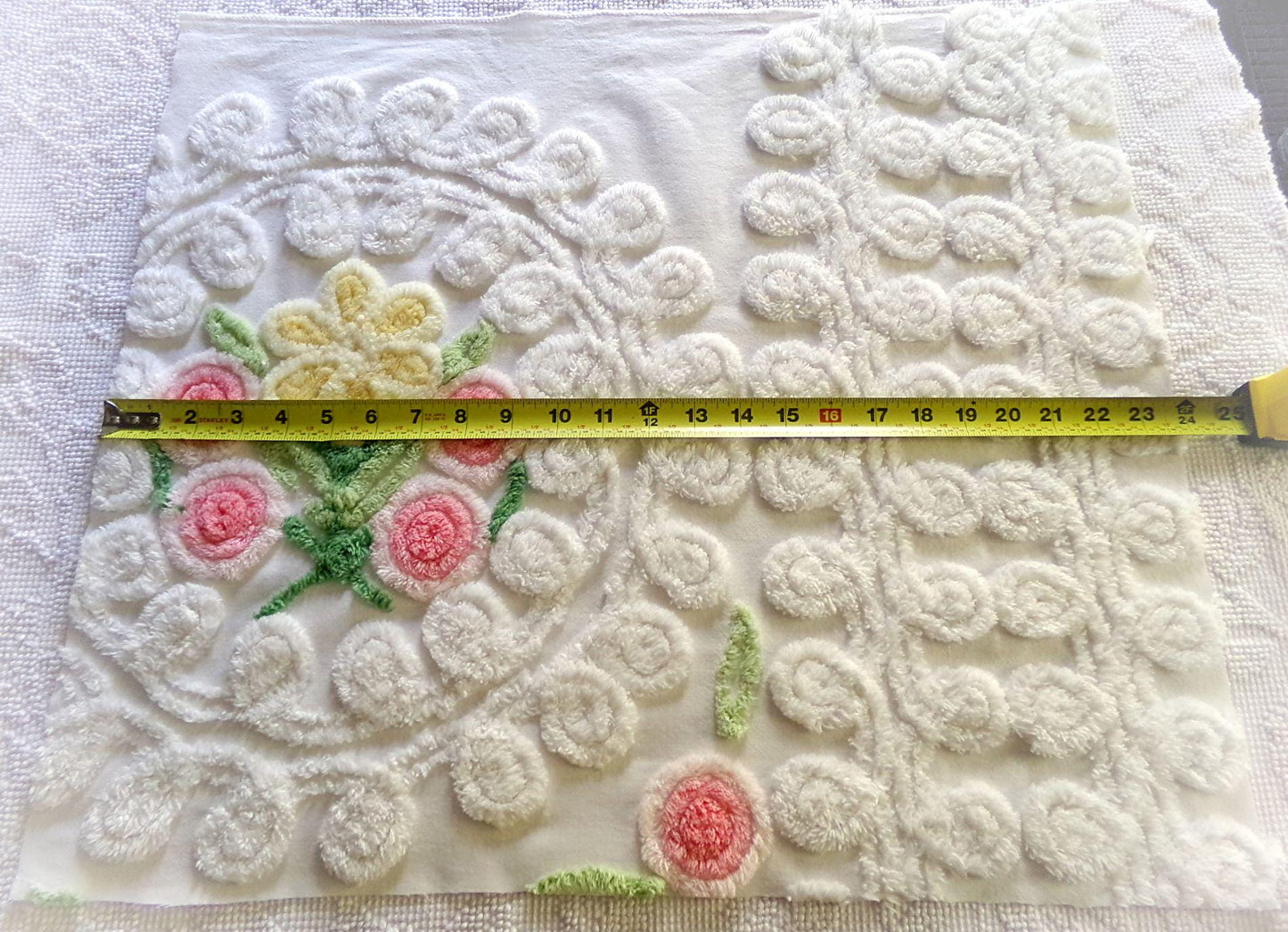 bridal cake vintage chenille fabric, lovely sculpted white curlicues & rosette florals, 20" x 23" inch piece of cotton sewing material