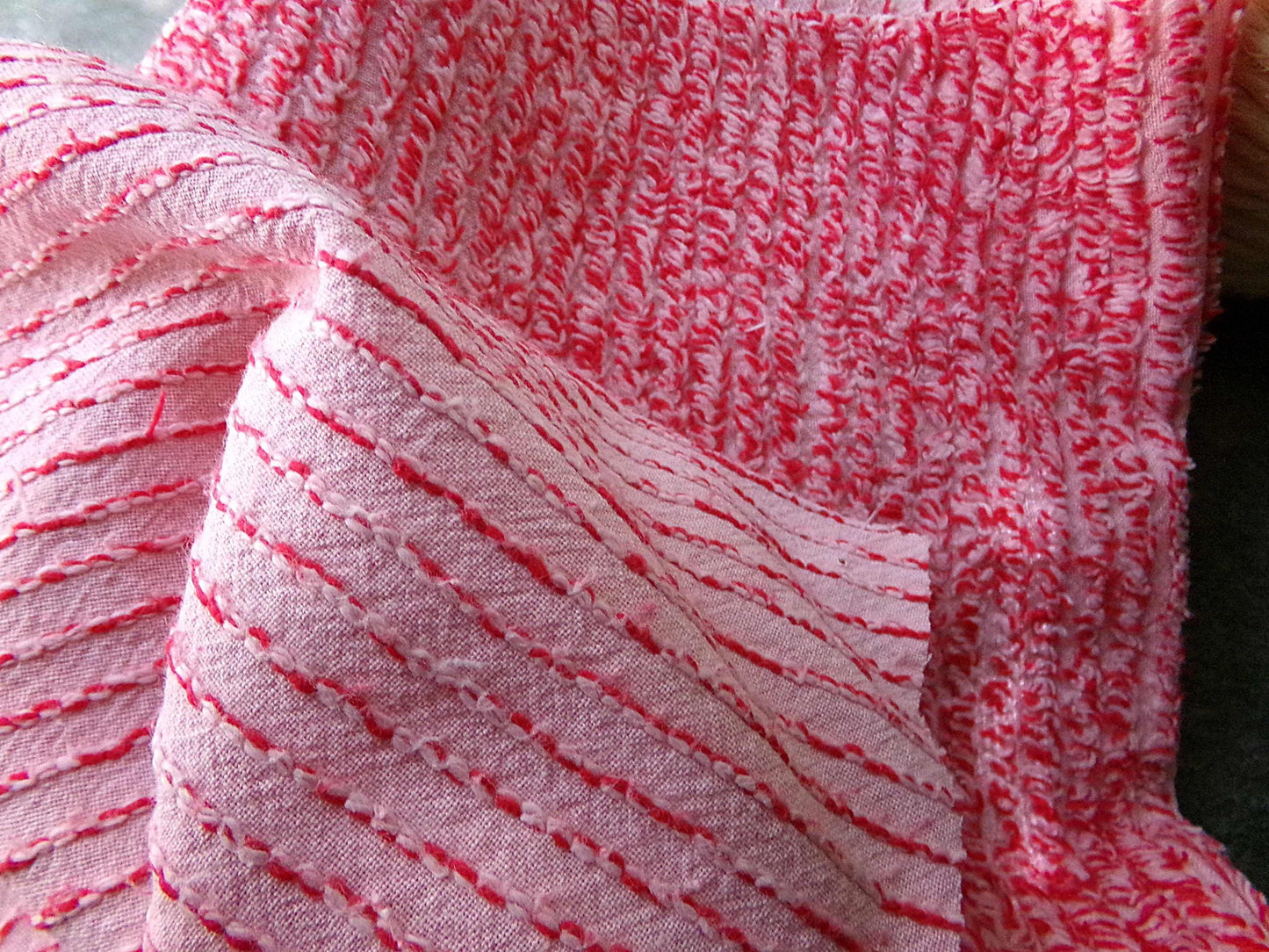 Peppered Red & White Skinny Stripes Fabric from Vintage Chenille Bedspread, 12" x 18" inch Piece, Fun and Festive