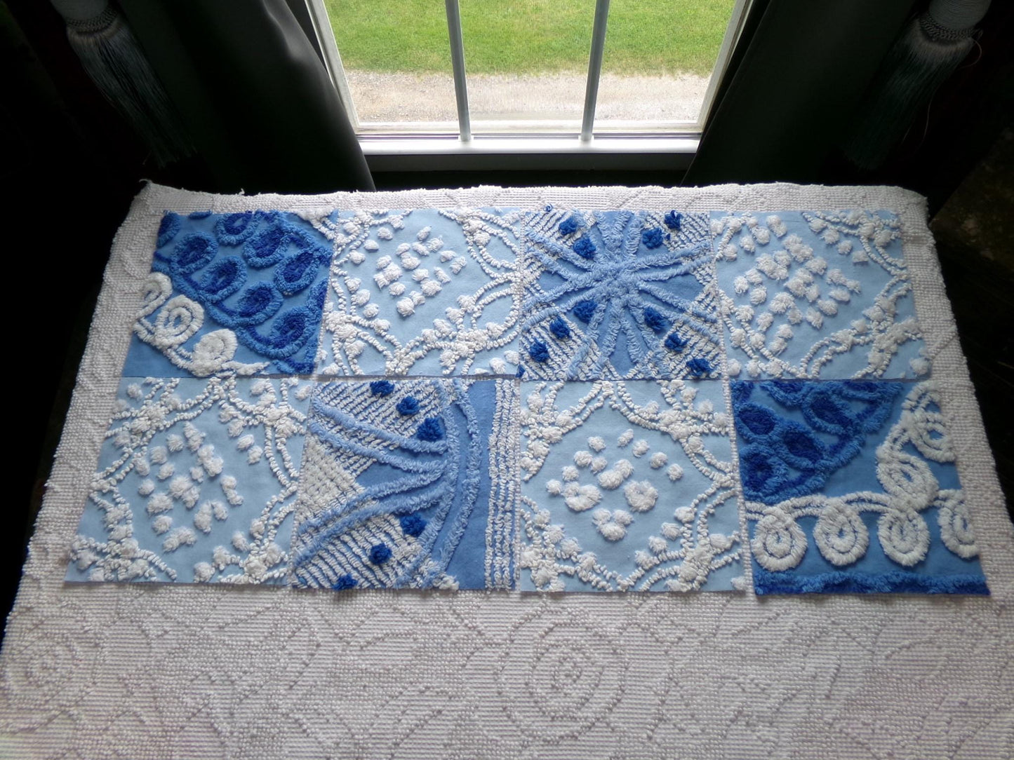 starry mystic chenille fabric squares, set of 8 vintage 7.5" quilt blocks, twilight blue & white, for sewing, crafts, quilting