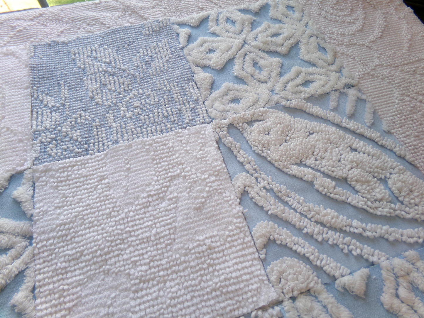 seaside serenity vintage chenille fabric squares, set of 16 blue & white 6" blocks for crafts, sewing