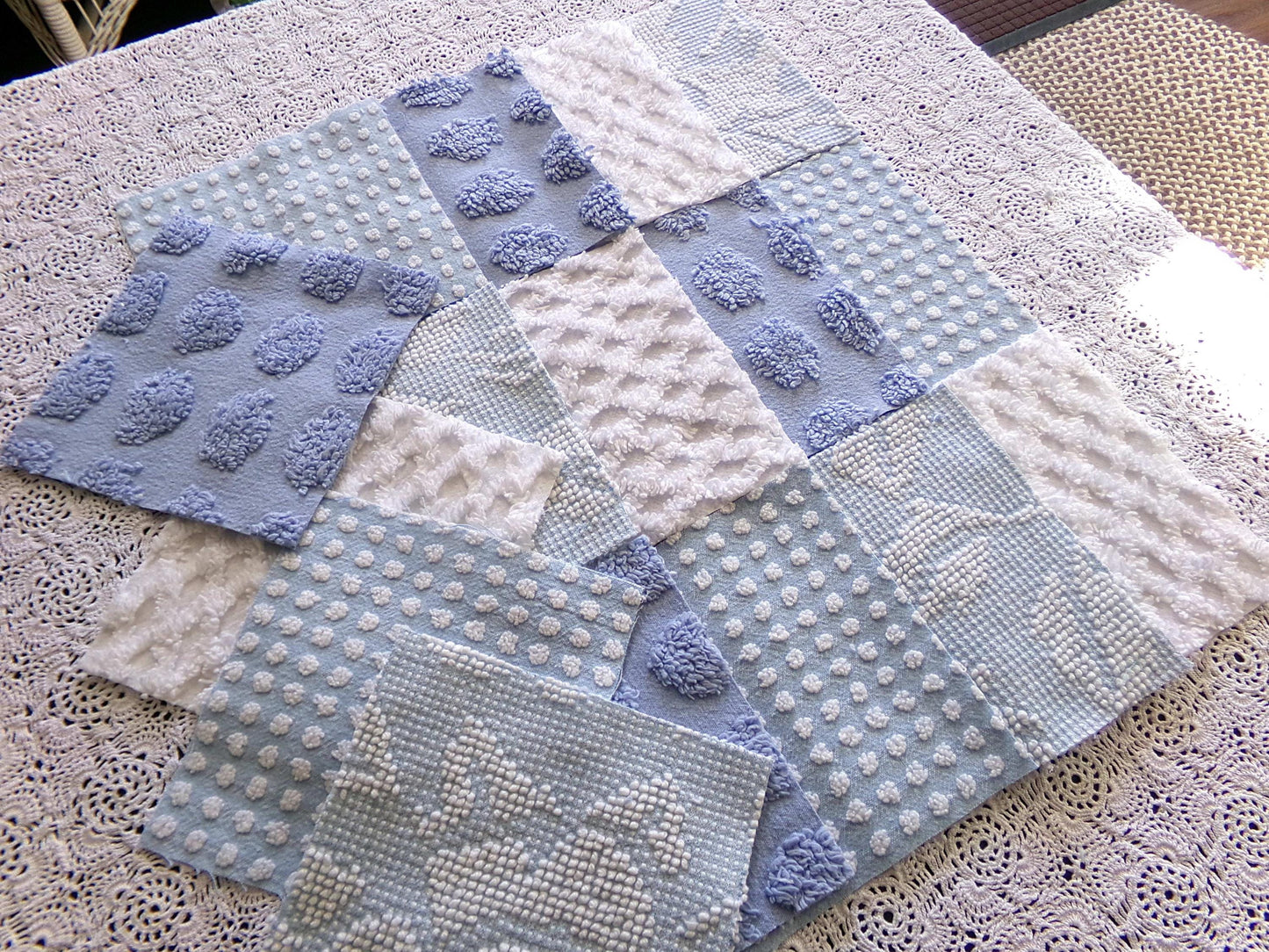 Cool Blues Chenille Fabric Squares for Quilting & Crafts in Vintage Blue, White - 16 Rotary Cut Blocks, 6" x 6" inch