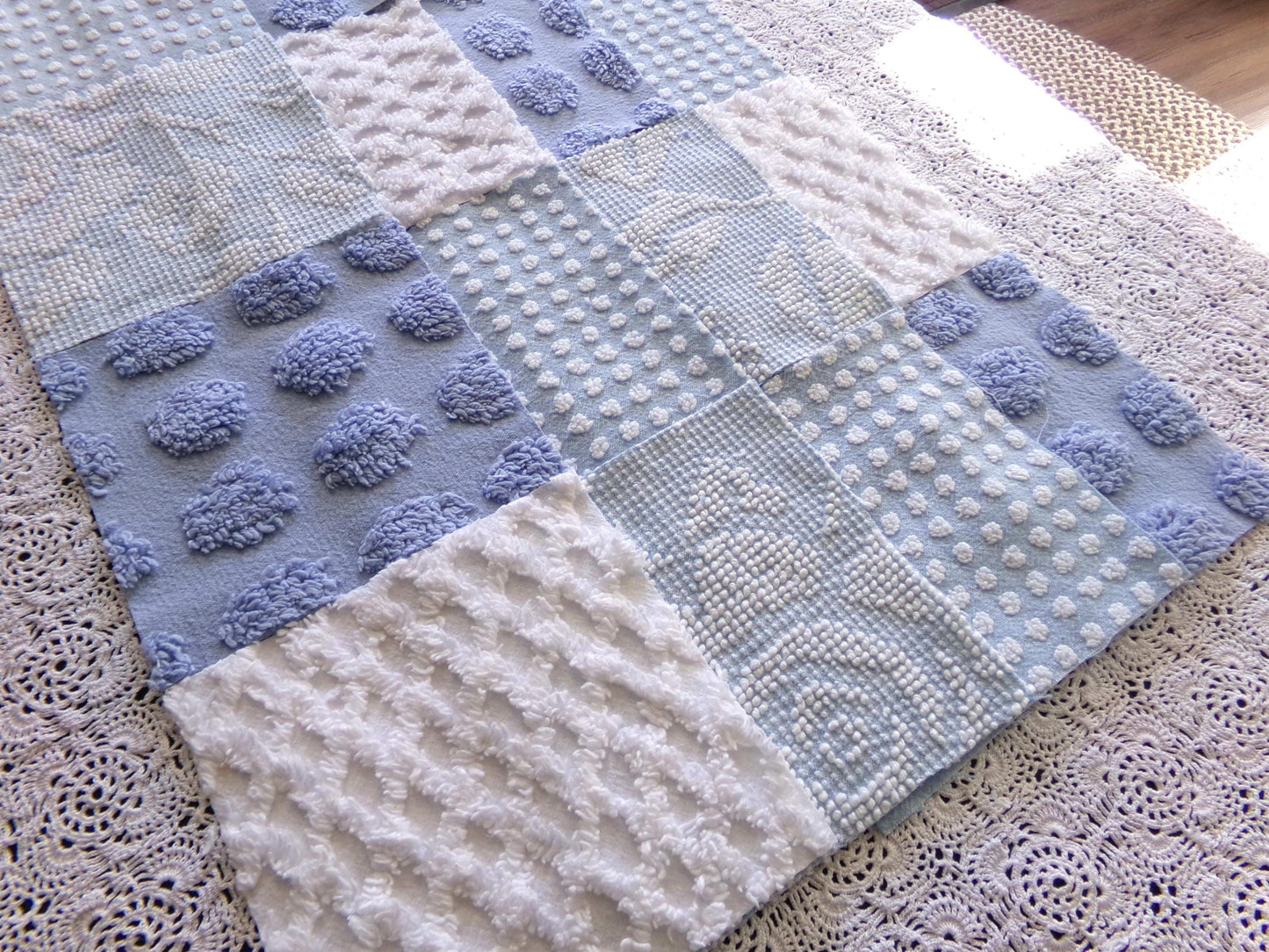 Cool Blues Chenille Fabric Squares for Quilting & Crafts in Vintage Blue, White - 16 Rotary Cut Blocks, 6" x 6" inch