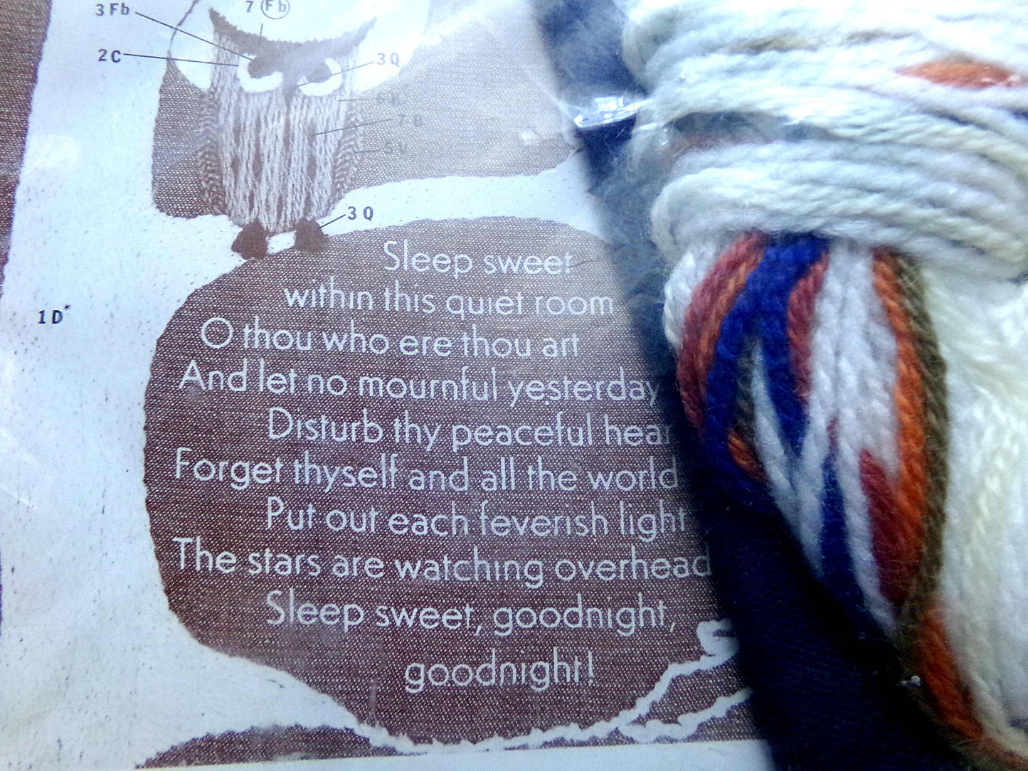 OWL GOODNIGHT Sampler ~ 1973 Erica Wilson Design, Vintage Columbia Minerva Creative CREWEL Embroidery Kit # 7303 ~ Cute Poem