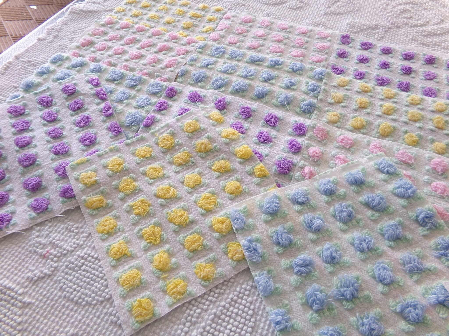 Premium Rosebuds Medley of chenille fabric squares, quilt square set cut from Vintage Chenille Bedspread Fabrics, 16 Blocks, 6" x 6" inch