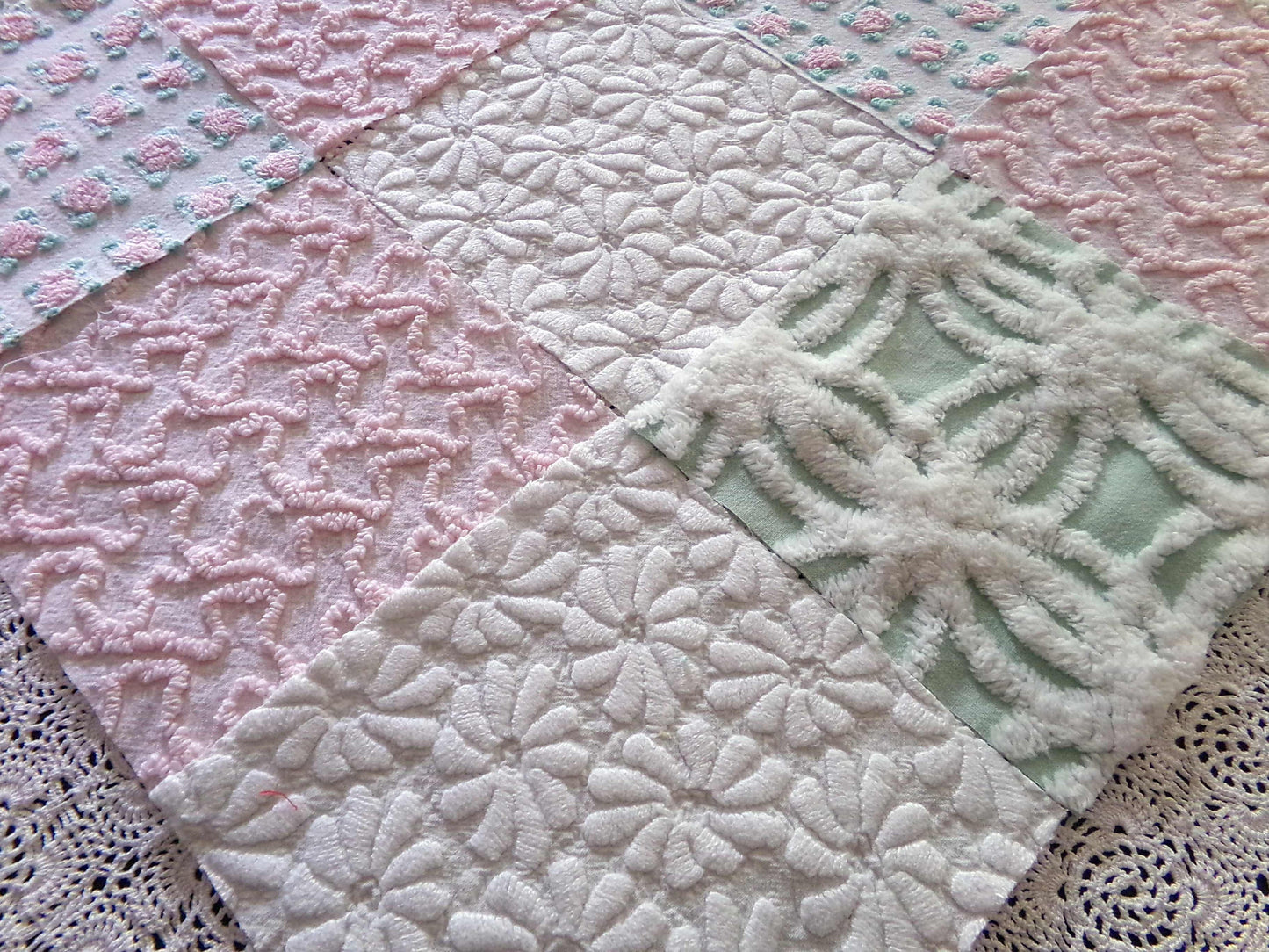 Chenille Squares Set, "Summer Bliss," 16 Vintage Fabric Quilt Blocks, 6" inch in White Daisy, Pink Rosebud, Mint Green, Squiggles