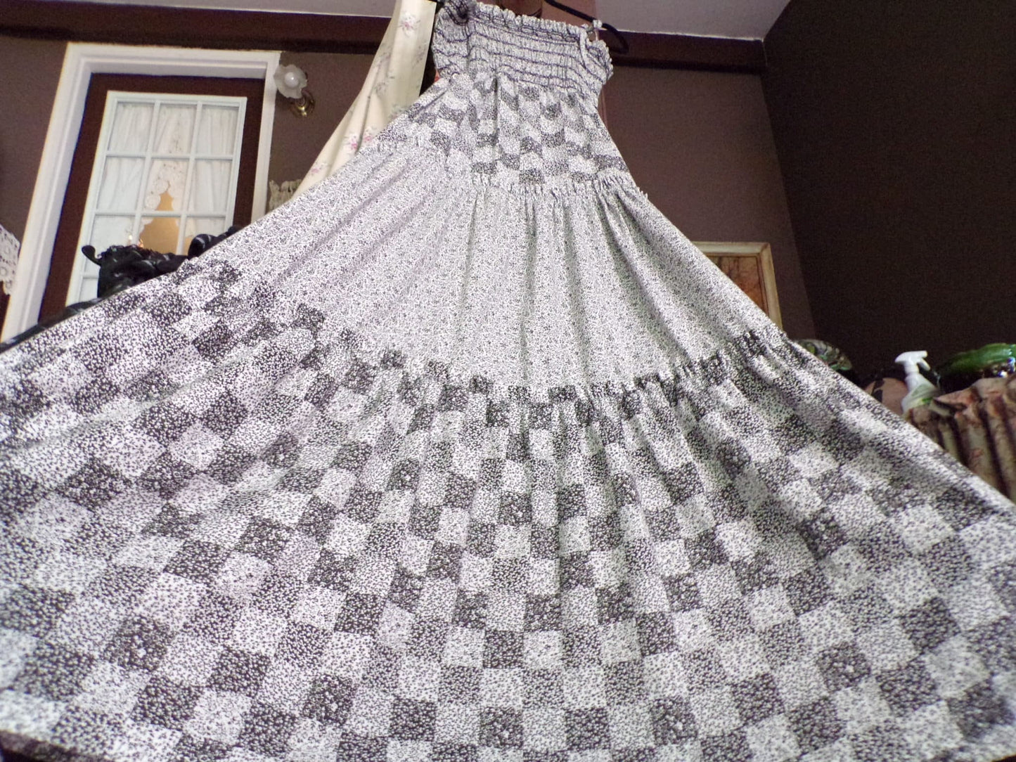 Butterfly Vintage Prairie Dress, Black & White Calico Print, Tie Strap Tiered Maxi Sundress, Candi Jones California, Boho Style Big Sweep, S