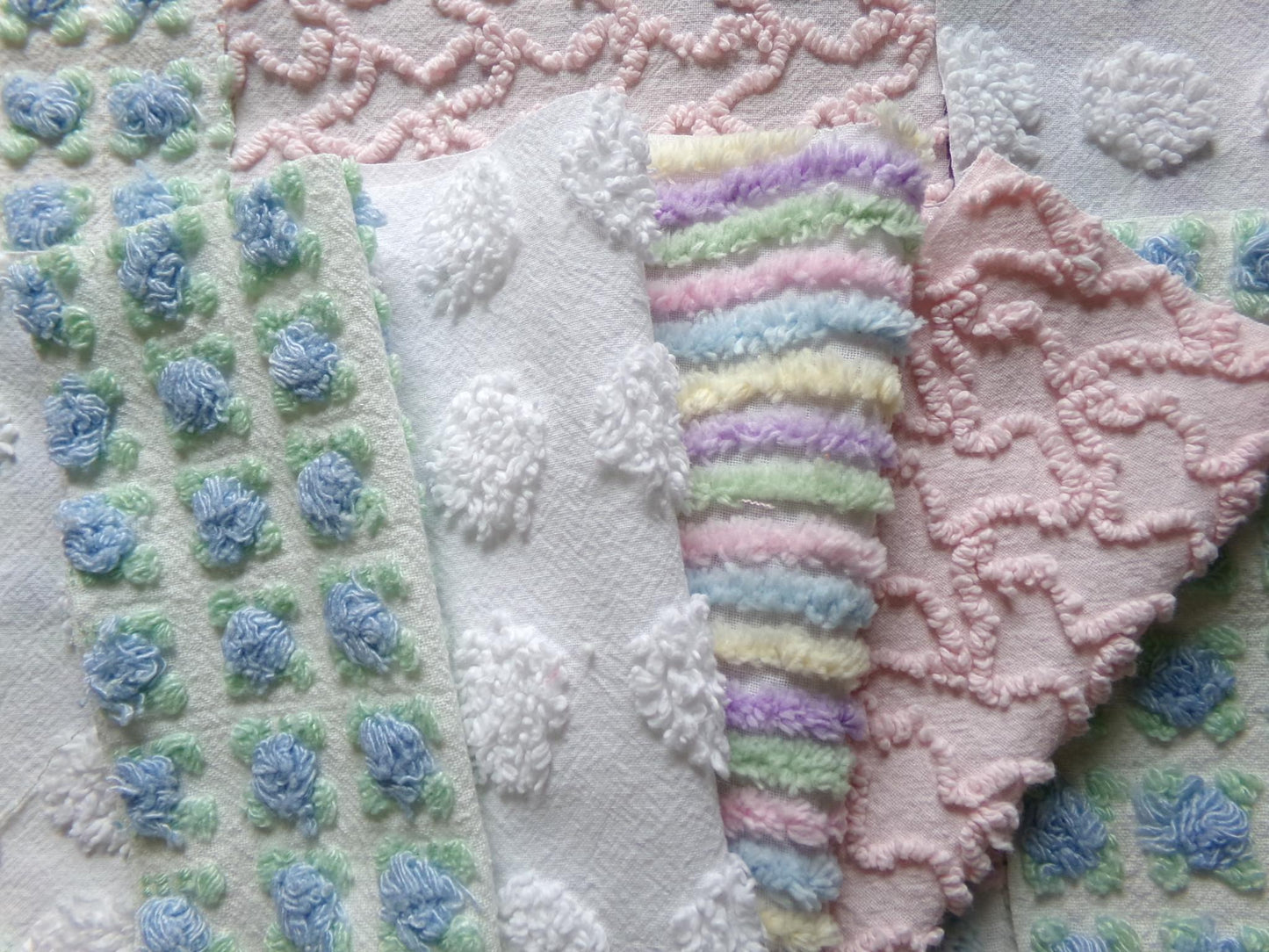 fairy fantasy chenille fabric squares, 16 vintage 6" quilt blocks in pastel rainbow, pink & blue rosebud, for sewing, crafts, fiber arts