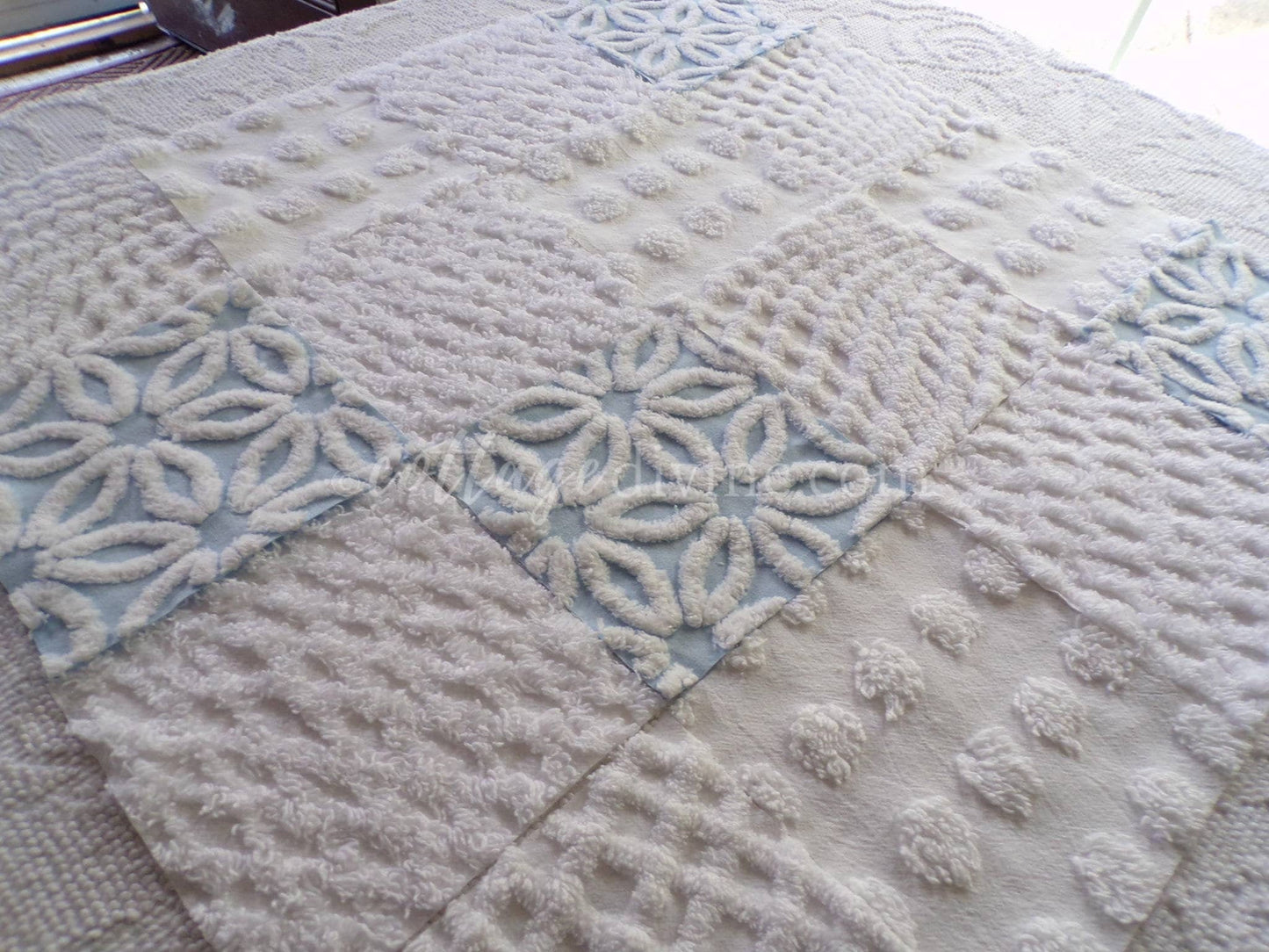 Coastal Chic Chenille Quilt Squares Set from Vintage Bedspread Fabric, 16 Blocks, 6" x 6" inch