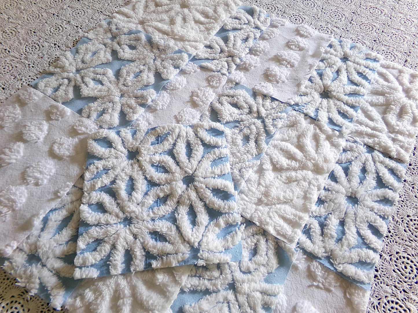Breezy Blue & White Chenille Fabric Squares Set, 16 Vintage Quilt Blocks, 6" x 6" inches each, for Quilting, Sewing, DIY Pillows