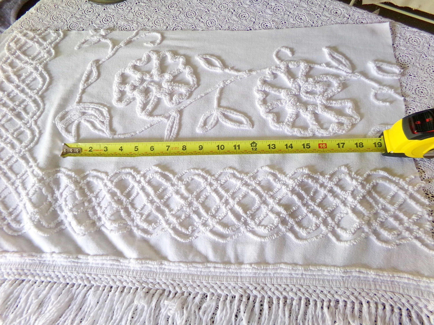 Farmhouse Style White Floral Chenille Fabric, Vintage 16" x 28" inch Piece, Great for Pillows & Quilting
