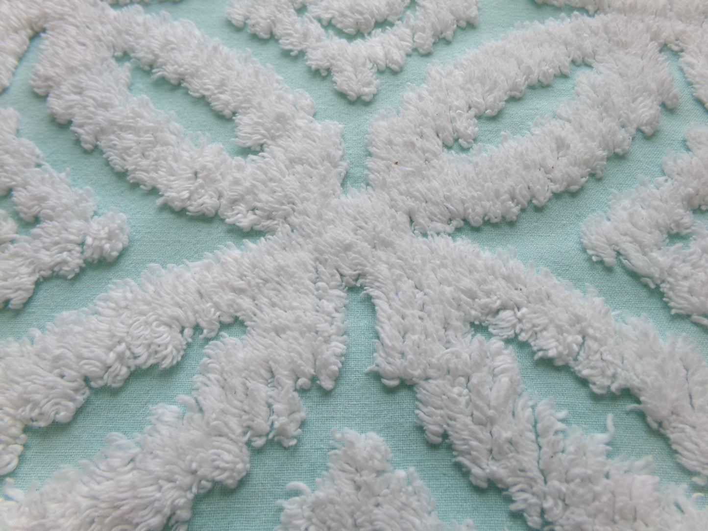 vintage aqua chenille fabric, white petals geometric design, 20" x 24" piece of sewing material