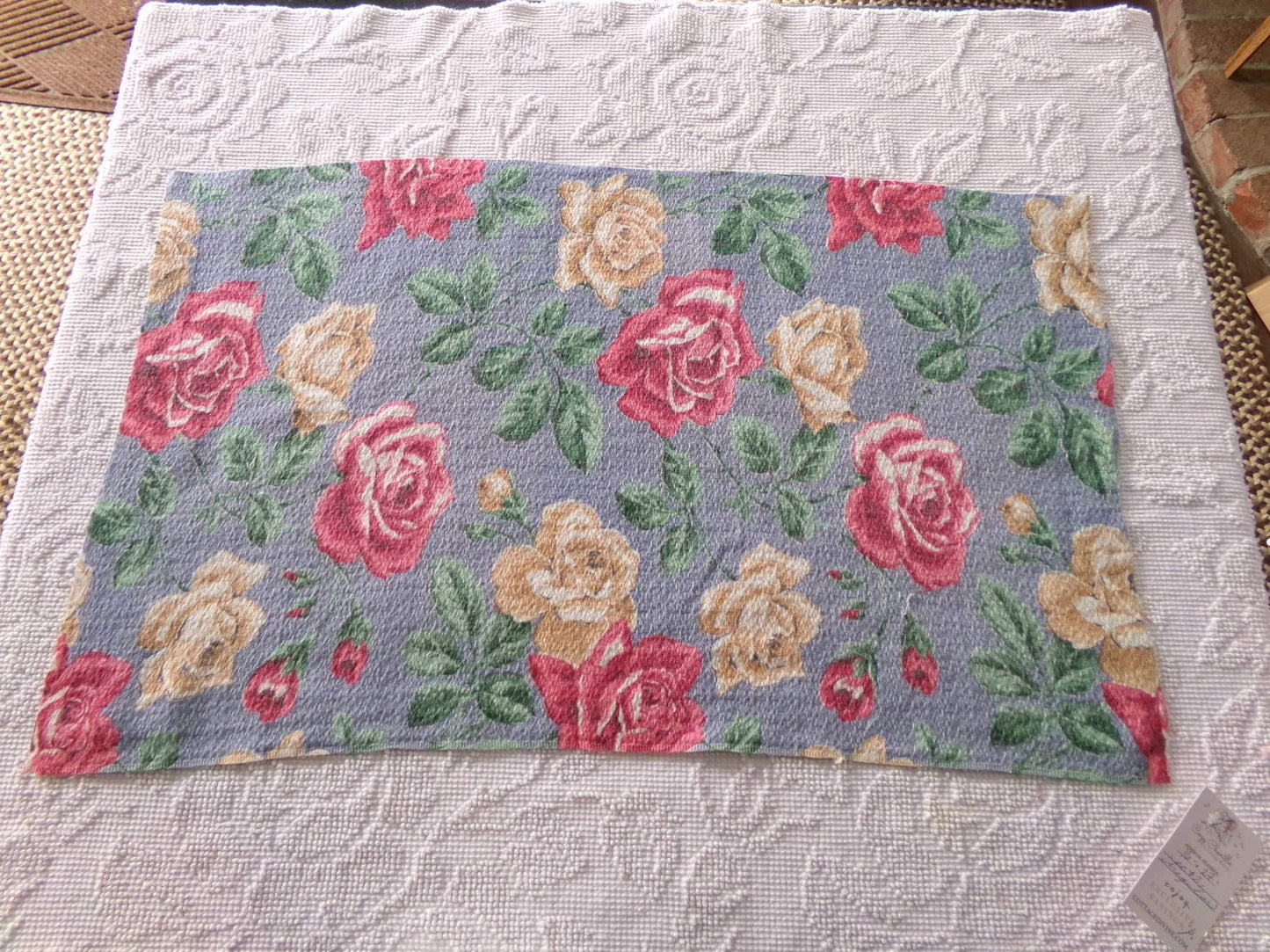 shabby chic rose barkcloth fabric, lovely floral blooms on blue, 27" x 16" inch piece, great vintage sewing material for pillows