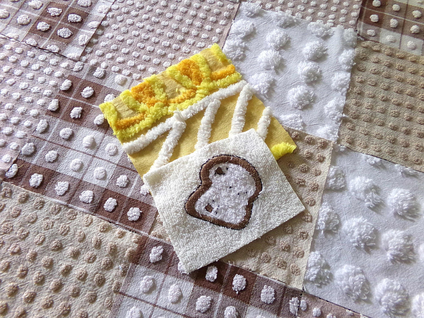 Breakfast Time Novelty Chenille Fabric Squares Set, 16 Vintage Quilt Blocks, 6" x 6" inches each, for Quilting, Sewing, DIY Pillows