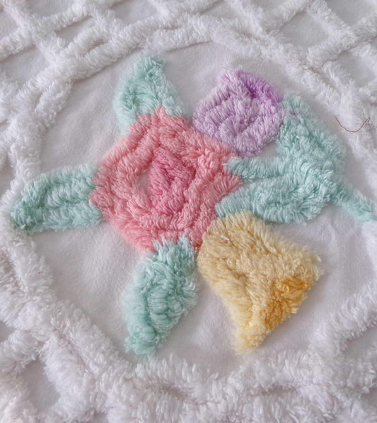 pastel springtime flower bouquet in tufted white webbed chenille, 21" x 25" inch vintage fabric piece