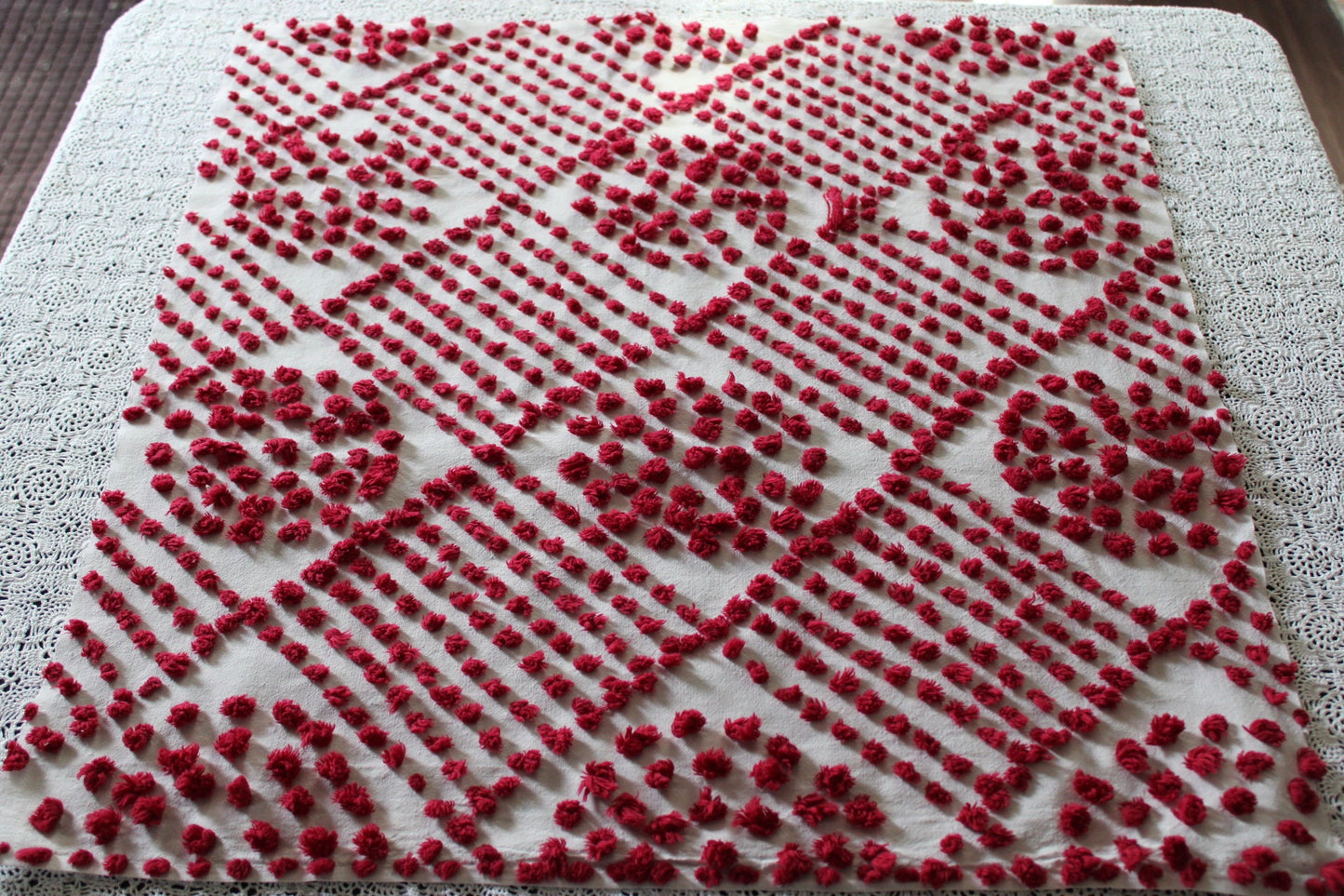 Diamond Circle Puffs Vintage Chenille FABRIC PIECE, 22" x 26" inches, Handtufted Diamond Circle Puffs