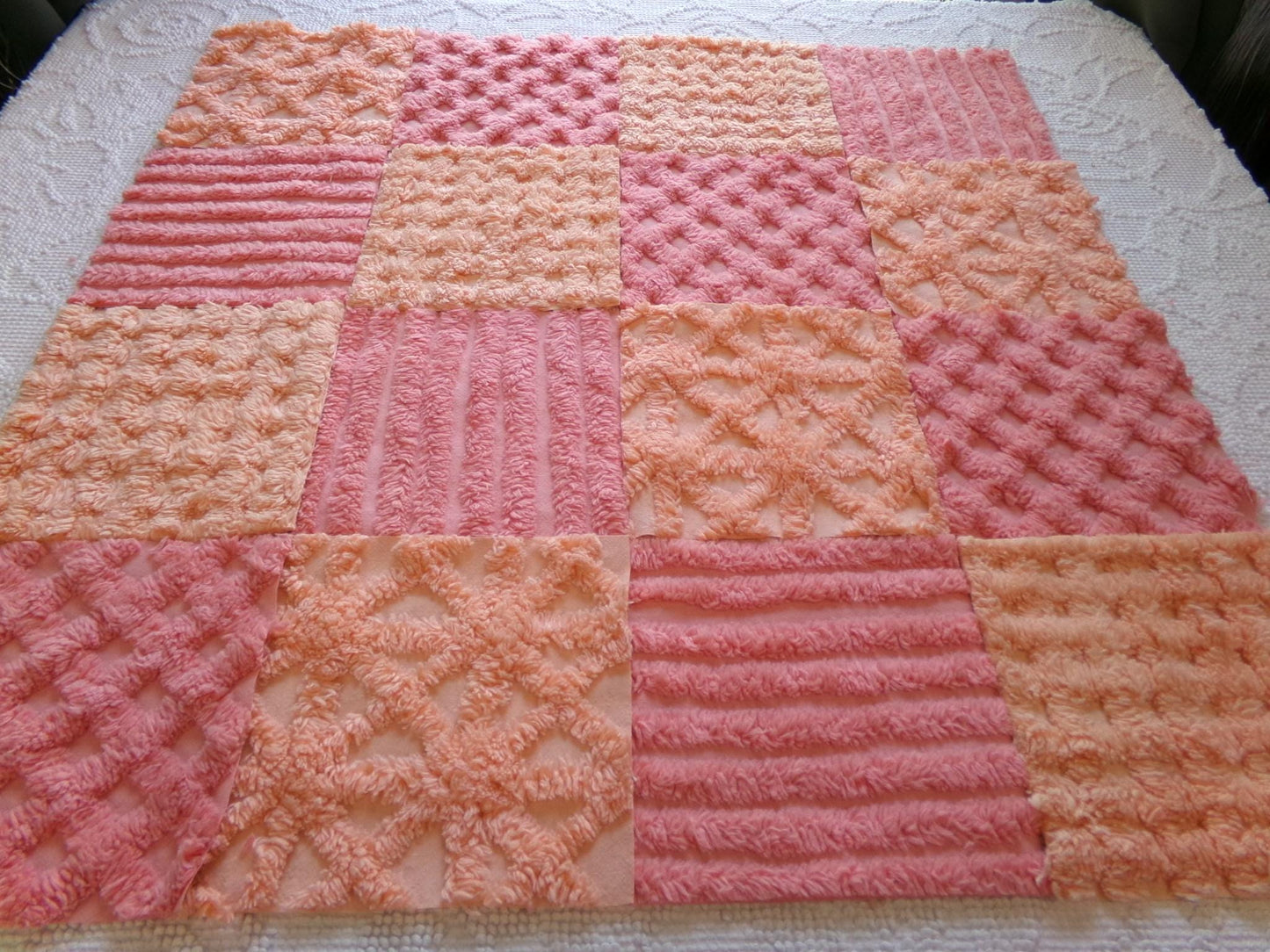 raspberry peach sherbet vintage chenille fabric squares, set of 16 plush soft tufted 6" blocks