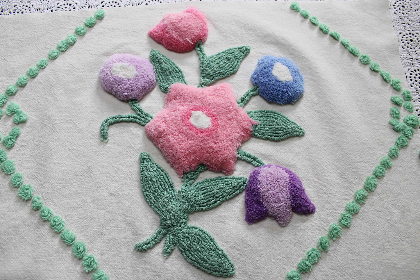 sculpted floral vintage chenille fabric, tulip peony flowers & little green bows, 20" x 25" inch piece of cotton sewing material for pillows