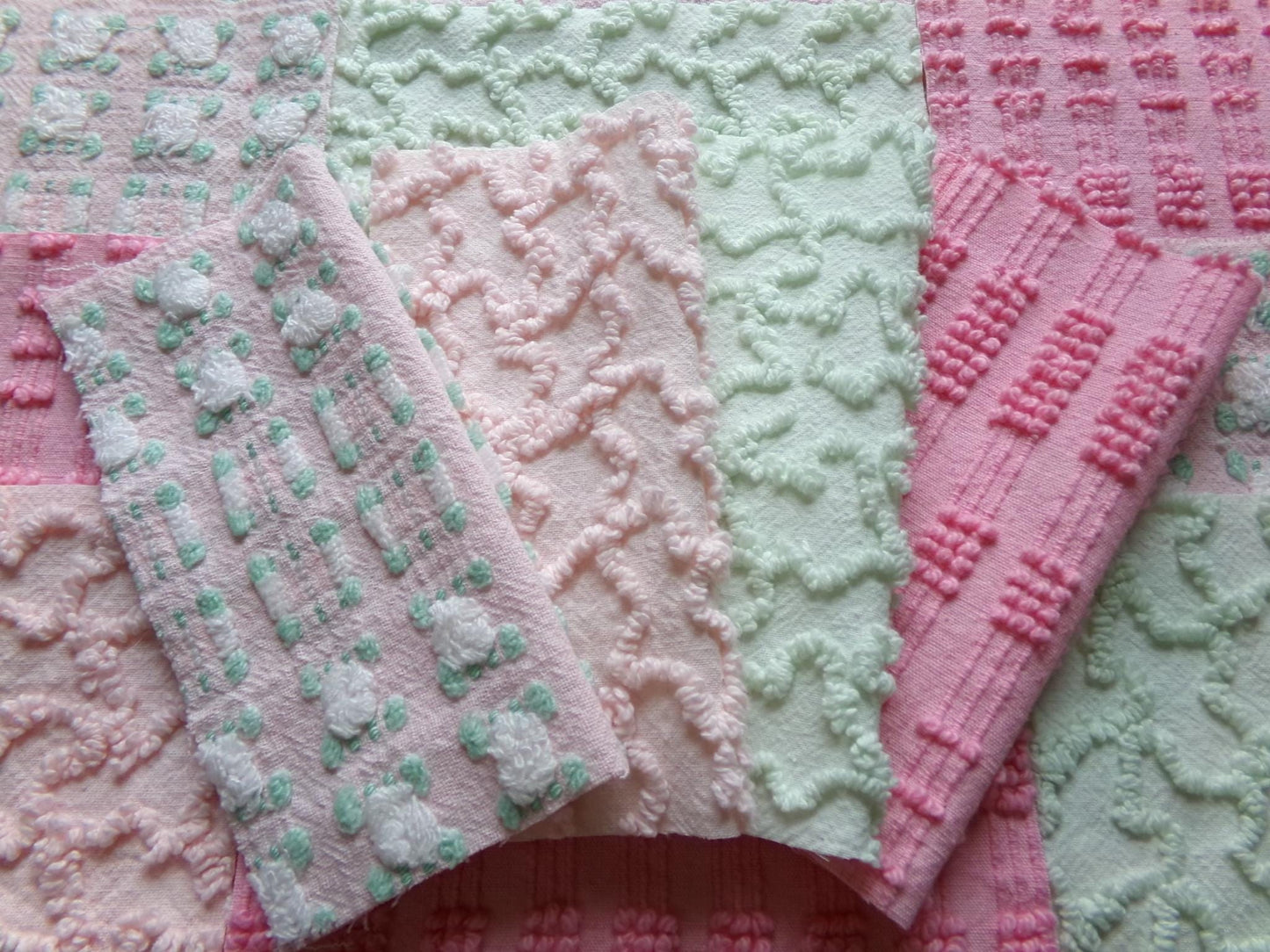 phantom rose 6" chenille squares, green, pink, white rosebud, set of 16 quilt blocks rotary cut from vintage chenille bedspread fabrics