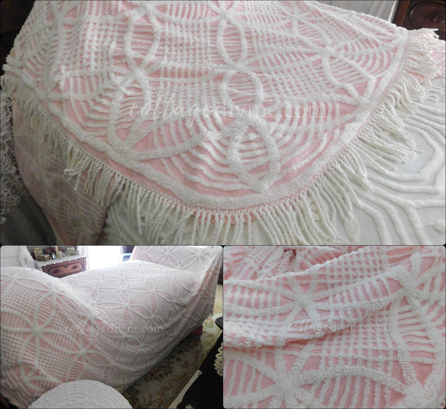 Romantic Cottage Bedding, Vintage Chenille Bedspread in Classic Pink & White, Cotton Geometric, Full Size with Fringe