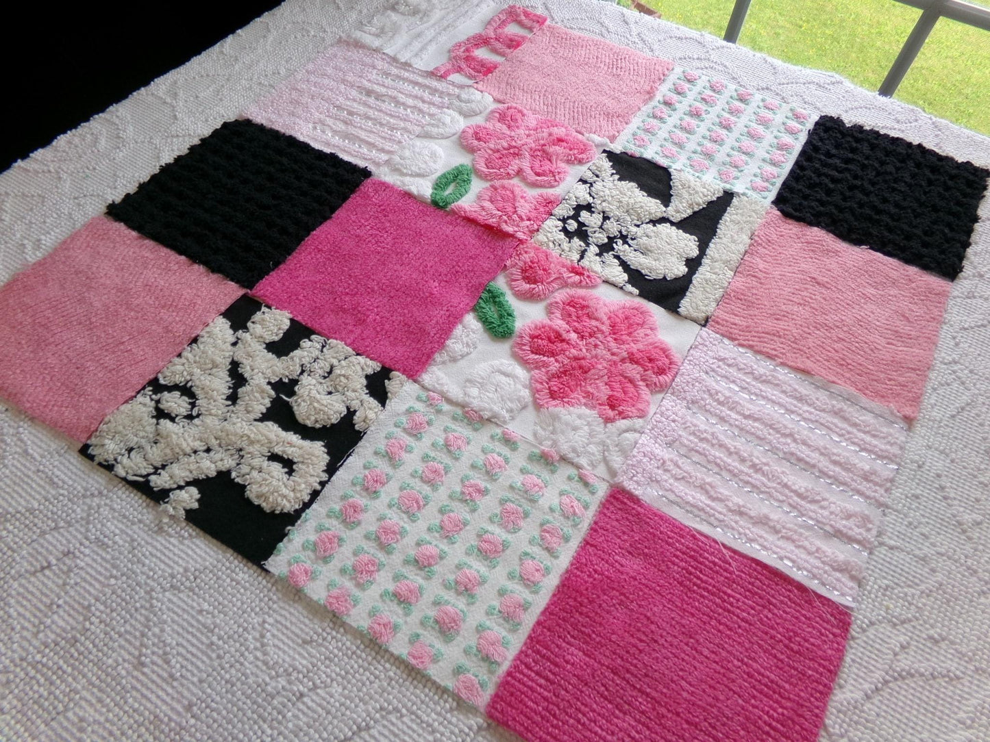 french cafe chenille squares, set of 16 vintage pink & black 6" fabric blocks, chic designs for quilt inlays, pillows, fiber arts