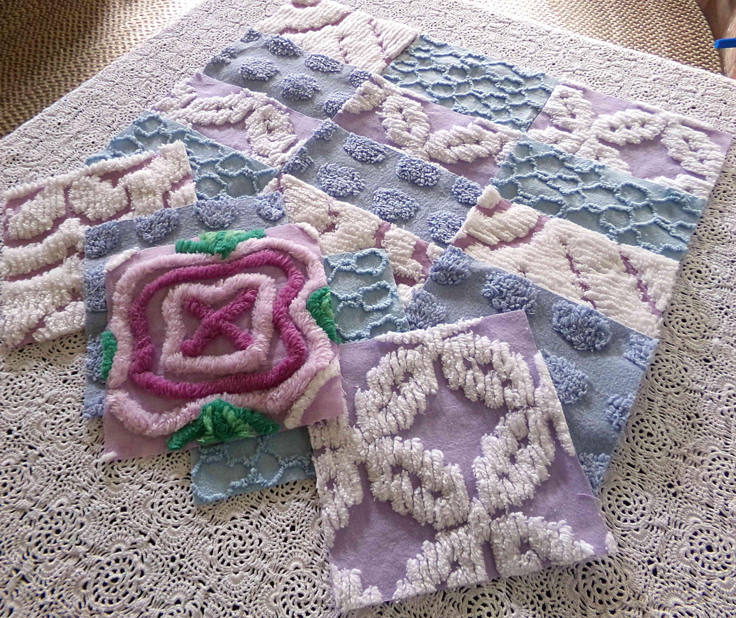 sleep sweetly chenille fabric squares, calming blue, lilac & white, 17 vintage quilt blocks 6" x 6" inch, for pillows, quilting, crafts