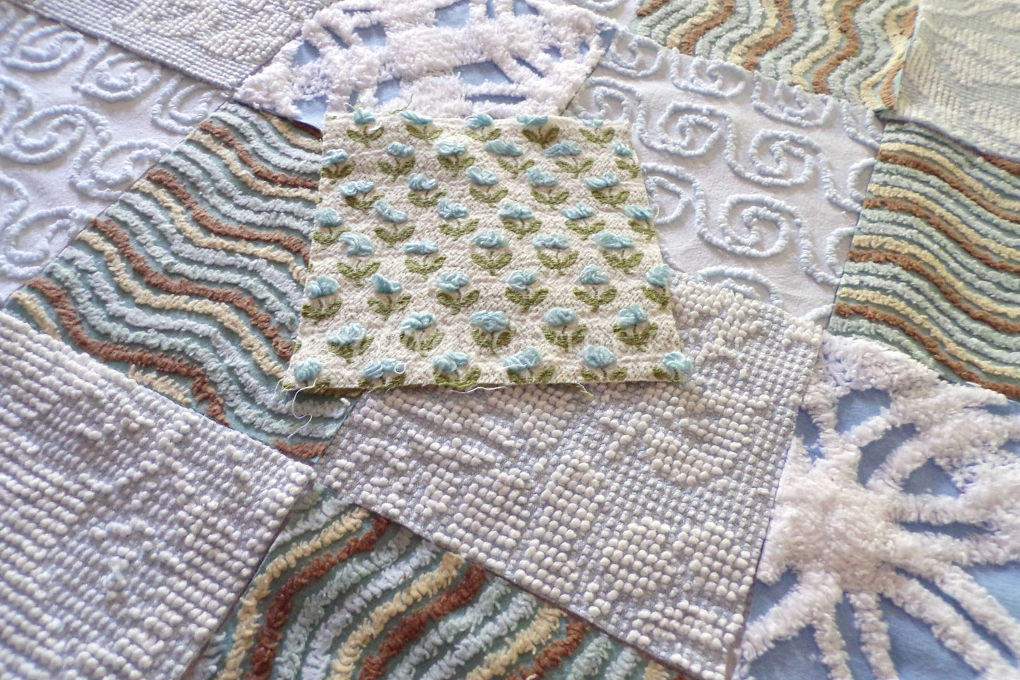 Breezy Blues Fabric Squares from Vintage Chenille Bedspread Fabrics, 17 Blocks Set, 6" x 6" inch, for Slow Stitching, Junk Journals, Quilt