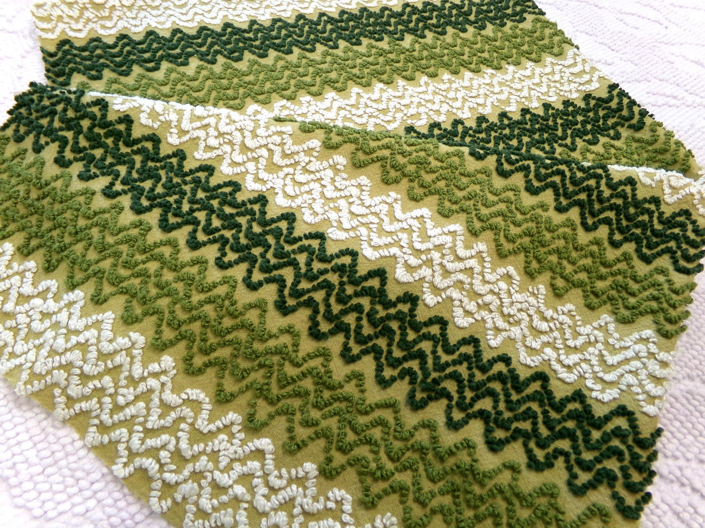 groovy green zig zag vintage chenille fabric, earthy avocado, olive textured pattern, 18" x 24" cut piece for arts & crafts