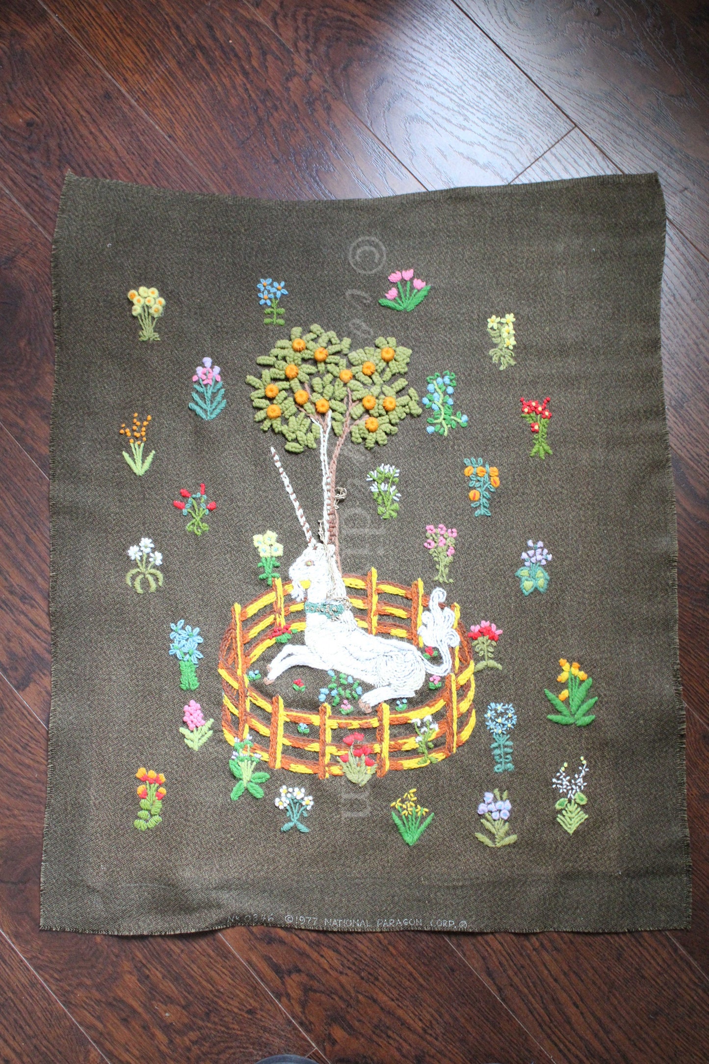 Unicorn in Captivity Completed Paragon Embroidery, Rare Crewel Stitchery, Medieval Old World Tapestry Style Adaptation