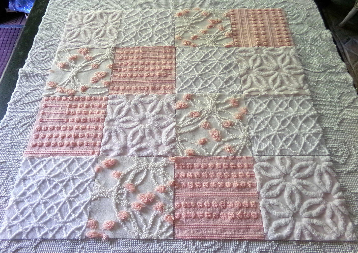 Chenille Fabric Squares Set, "Charmed", 16 Vintage Quilt Blocks, 6" inch in Pinks & White