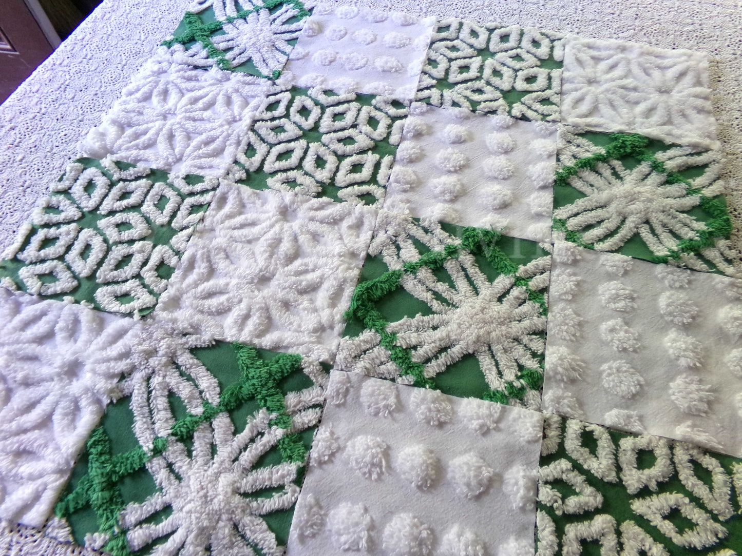 winter's enchantment vintage chenille fabric squares, set of 16 green & white quilting blocks, 6" each for patchwork pillows, quilt inlays