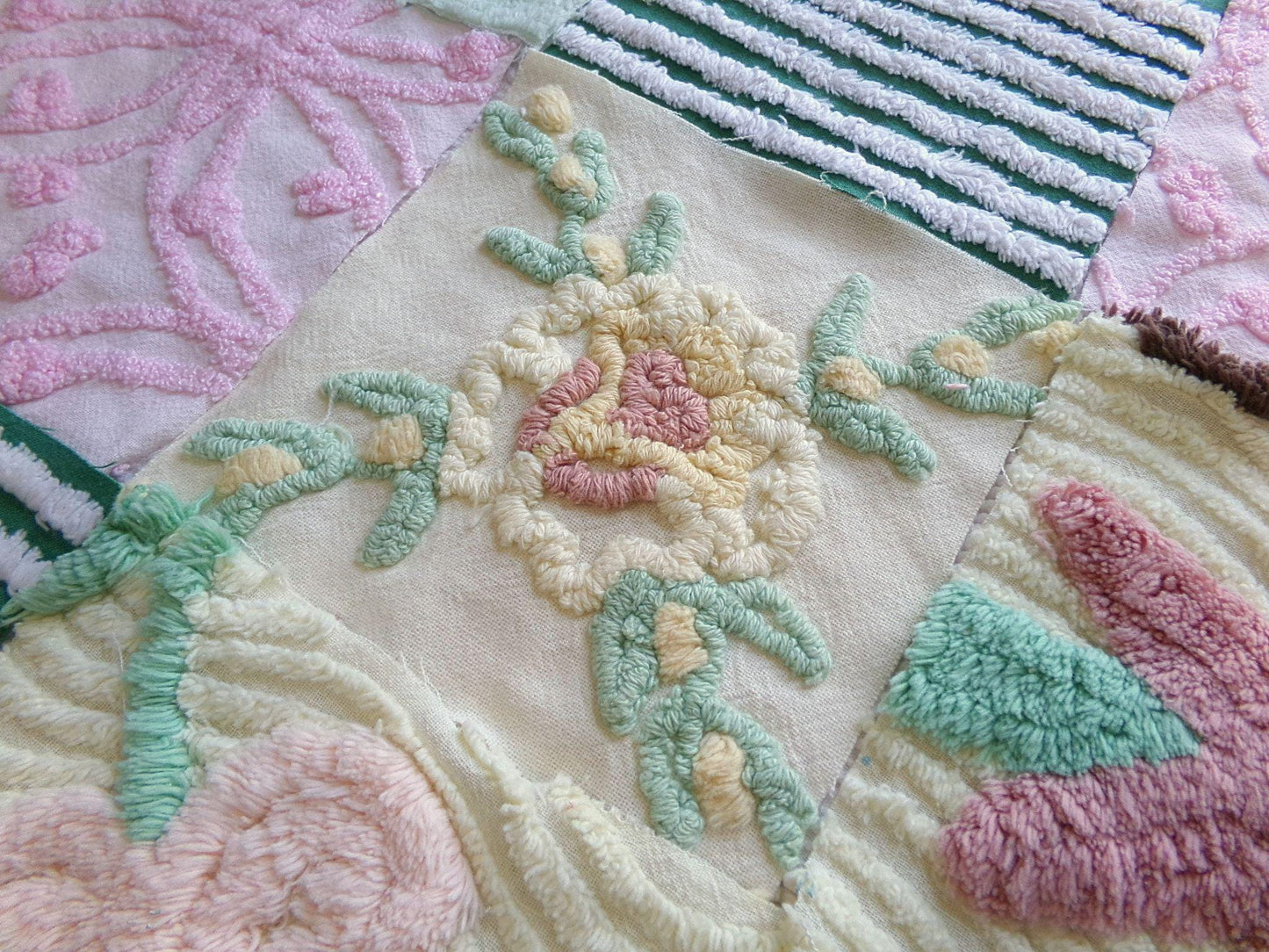 enchanted forest chenille fabric squares, set of 16 vintage craft quilt blocks 6" inches ea, yellow, green, pink & floral patterns