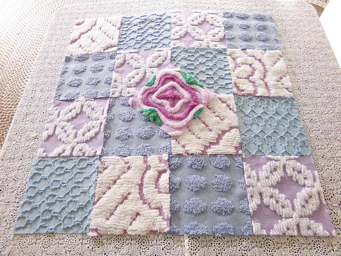 sleep sweetly chenille fabric squares, calming blue, lilac & white, 17 vintage quilt blocks 6" x 6" inch, for pillows, quilting, crafts
