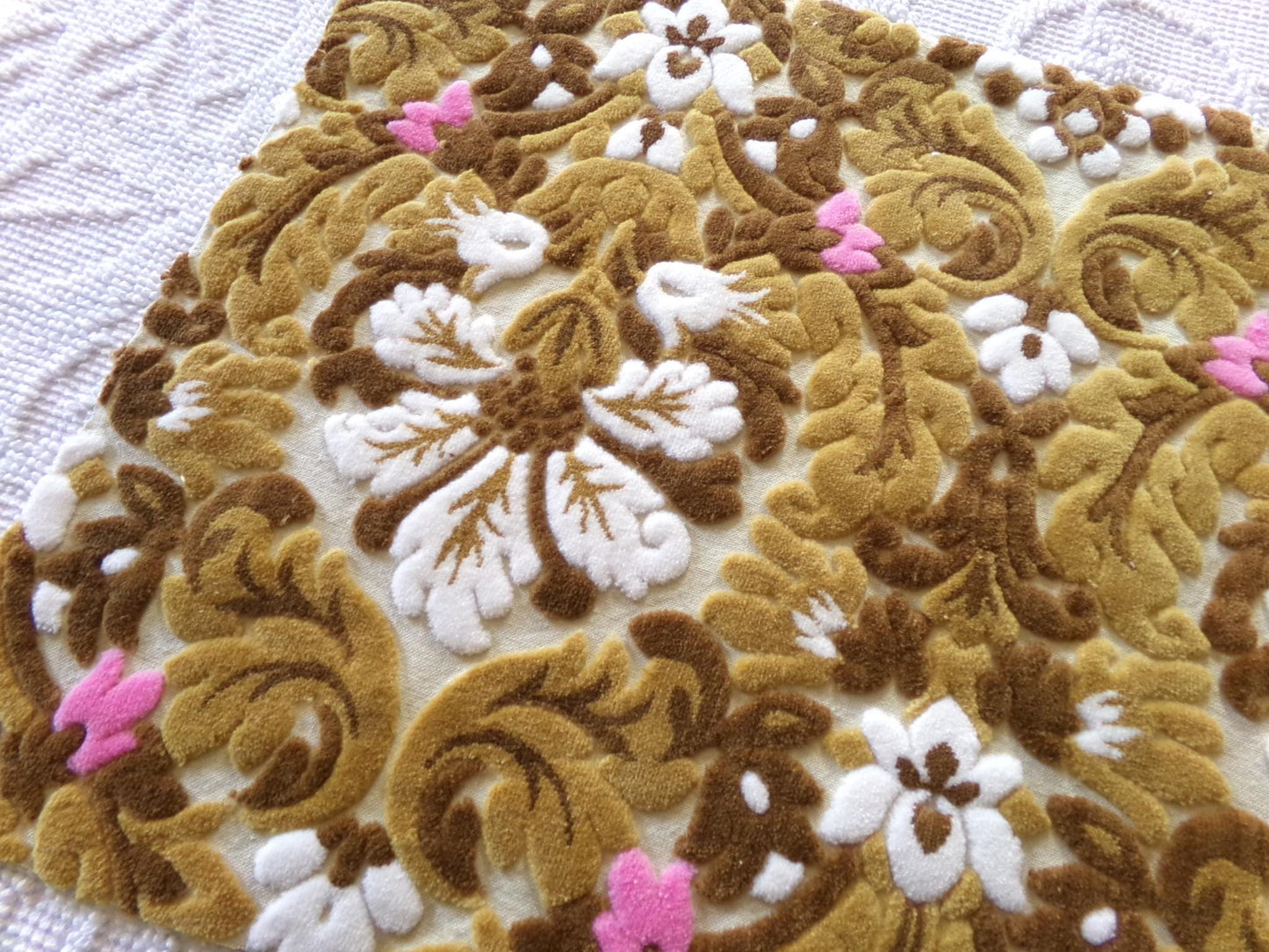 honey chocolate cut velvet fabric, vintage Bates tapestry chenille, 13" x 21" inch piece, ideal sewing material for small bags