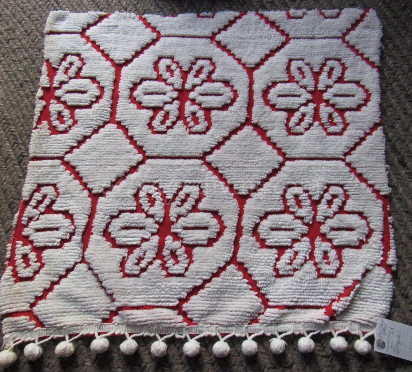 Snow White Daisy Vintage Chenille Fabric, Red Cotton Sewing Material, 22" x 24" Cut Piece