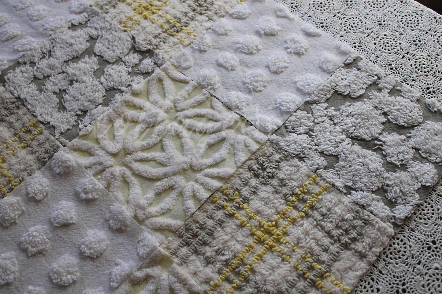 Sun & Clouds Chenille Quilt Squares Set, Rotary Cut from Vintage Chenille Bedspread Fabric, 17 Blocks, 6" x 6" inch each