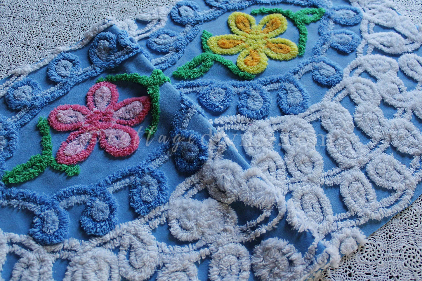 Sky Blue Swirls Vintage Style Chenille Fabric, 16" x 28" Inch Floral Piece, White Curlicues
