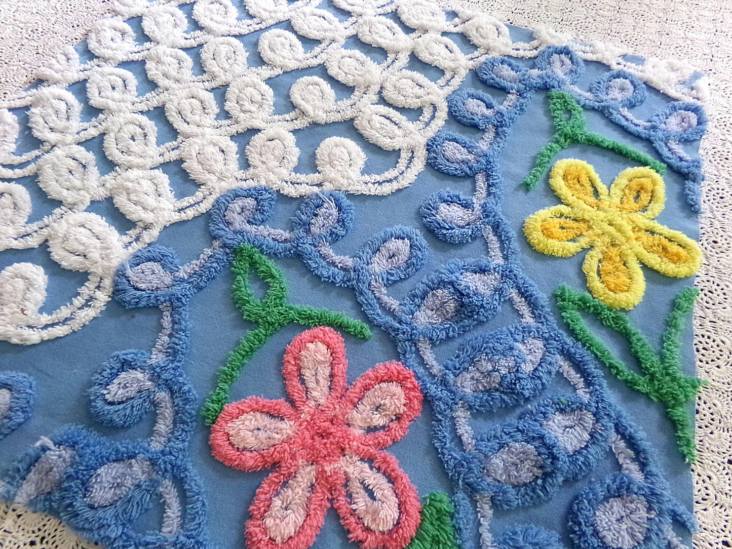 Teardrop Blue Floral Vintage Chenille Fabric, 20" x 21" Inch Piece, Great for Pillow Cover