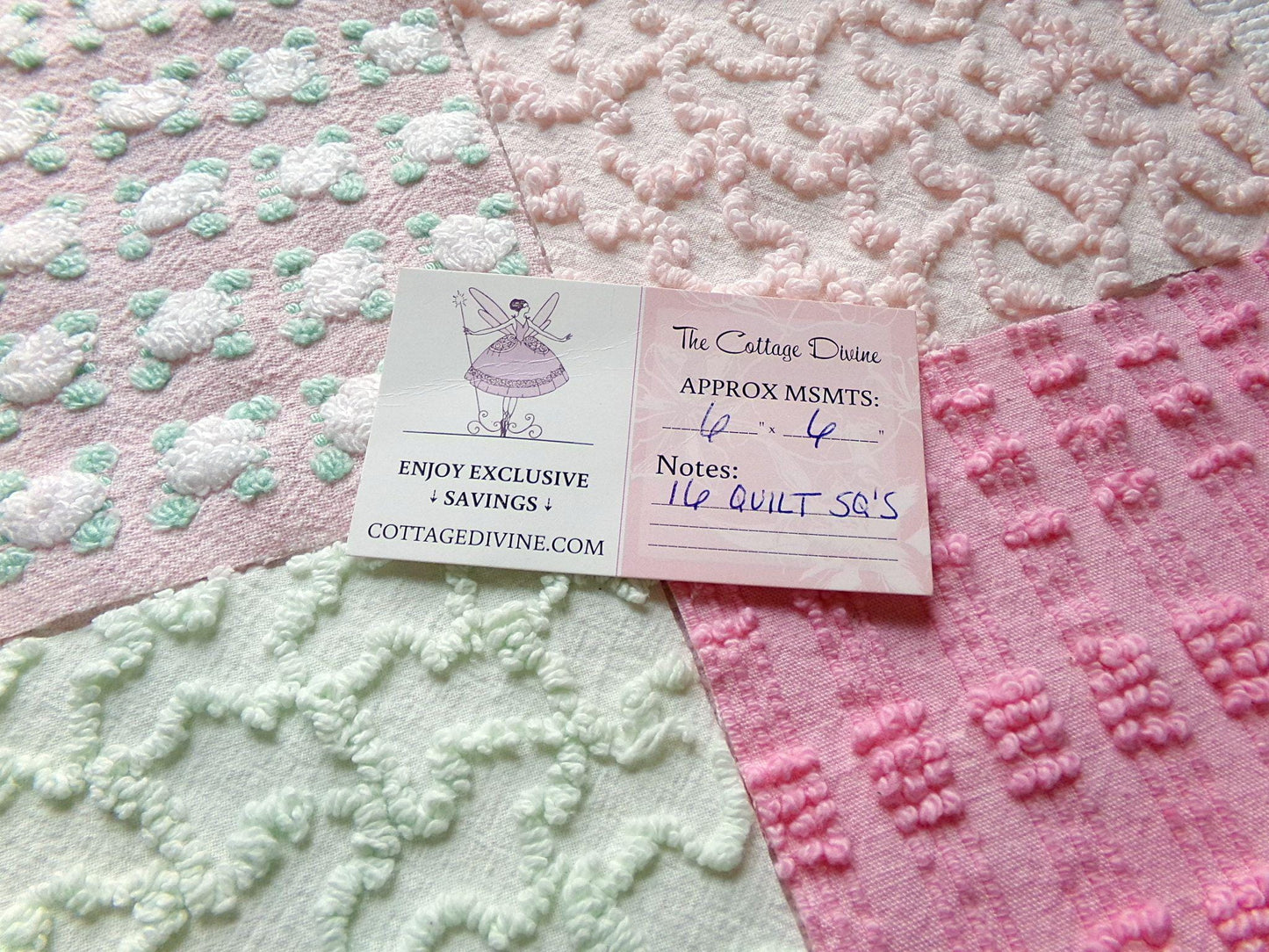 phantom rose 6" chenille squares, green, pink, white rosebud, set of 16 quilt blocks rotary cut from vintage chenille bedspread fabrics