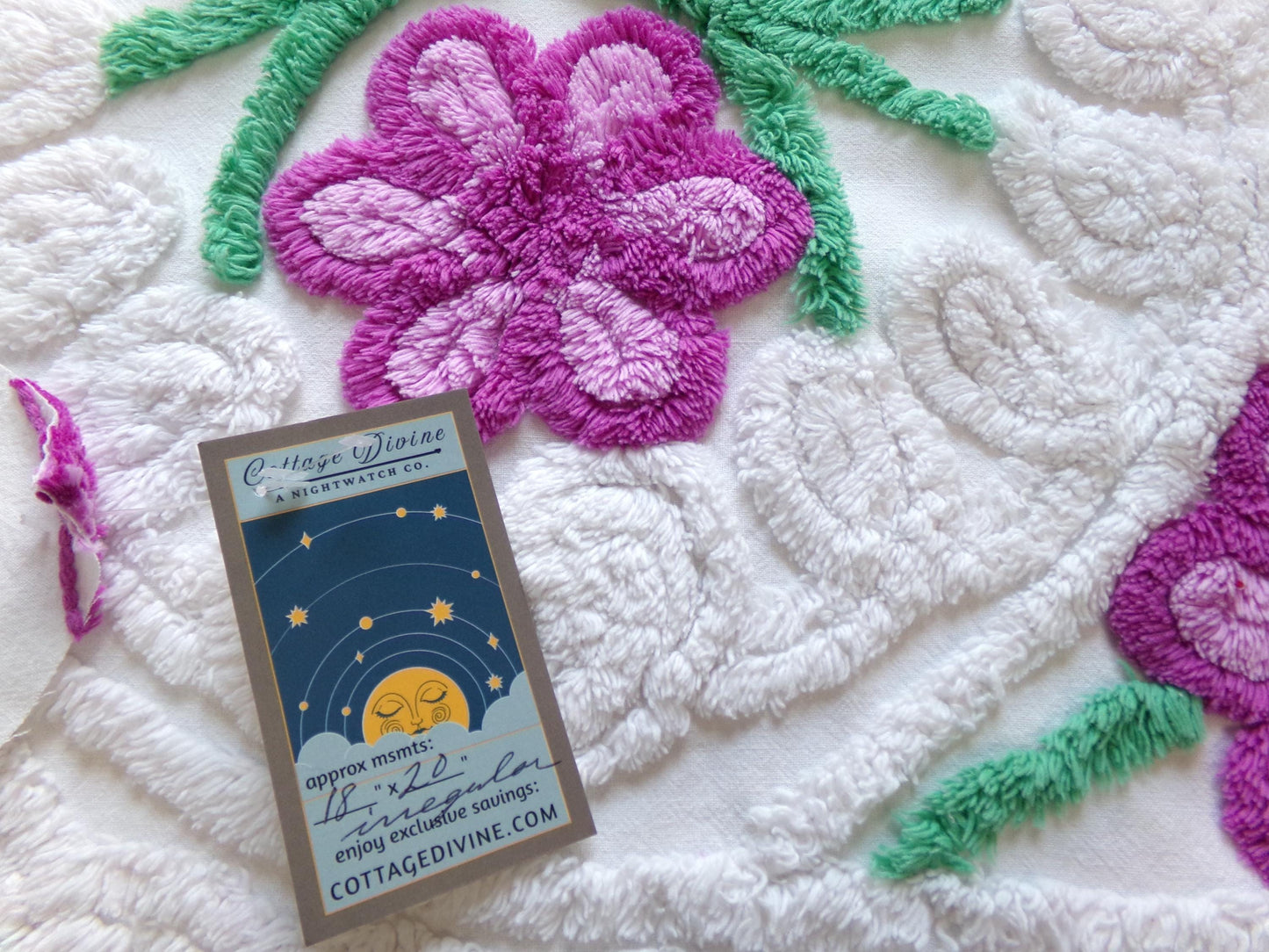 Whimsical Violets Vintage Chenille Fabric, 18" x 20" Inch Piece Plush White Cotton Sewing Material, Great for DIY Pillow
