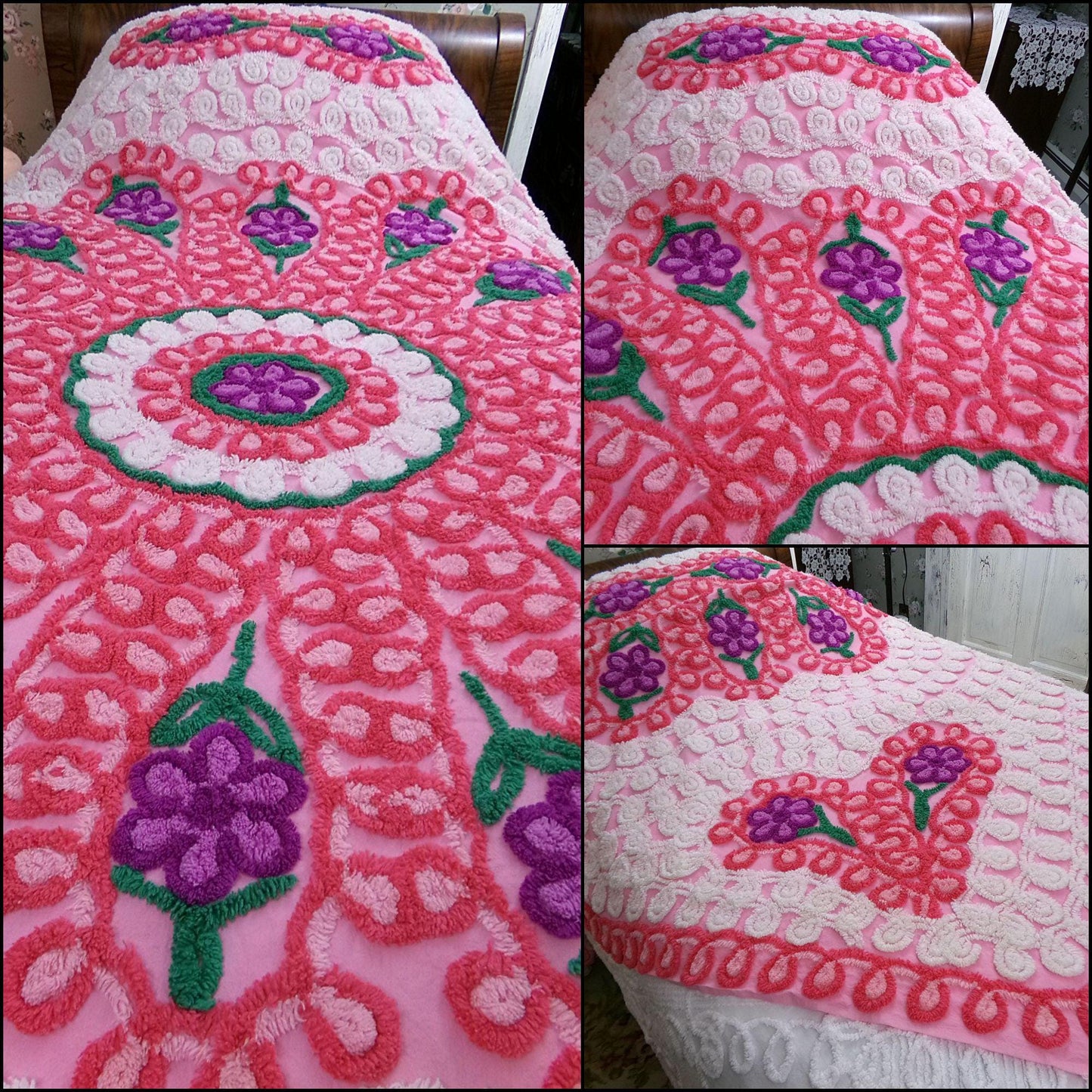cupcake pink vintage chenille bedspread, spectacular lush cake frosting tufts, 100% plush cotton coverlet, full size bedding