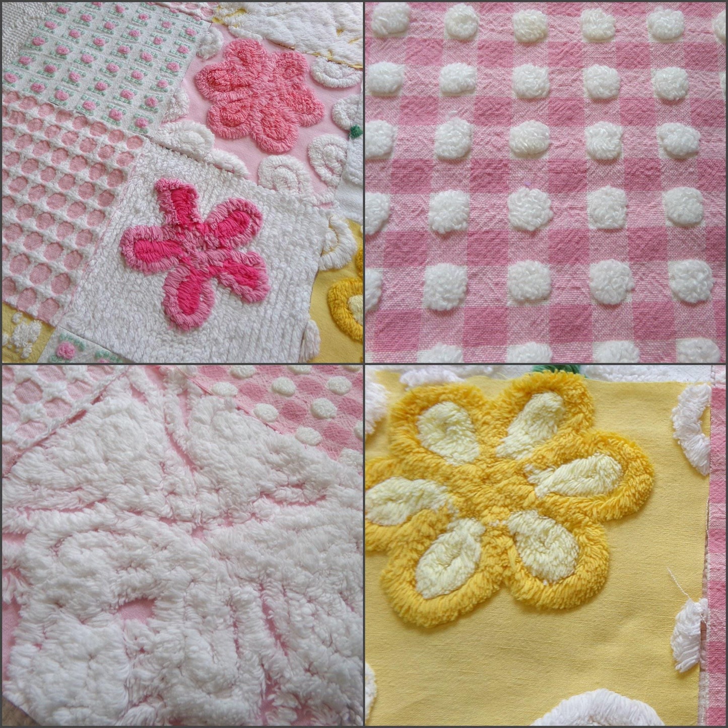 vintage chenille fabric squares, "spring sunrise" set of 16 floral 6" quilt blocks in yellow, pink & white