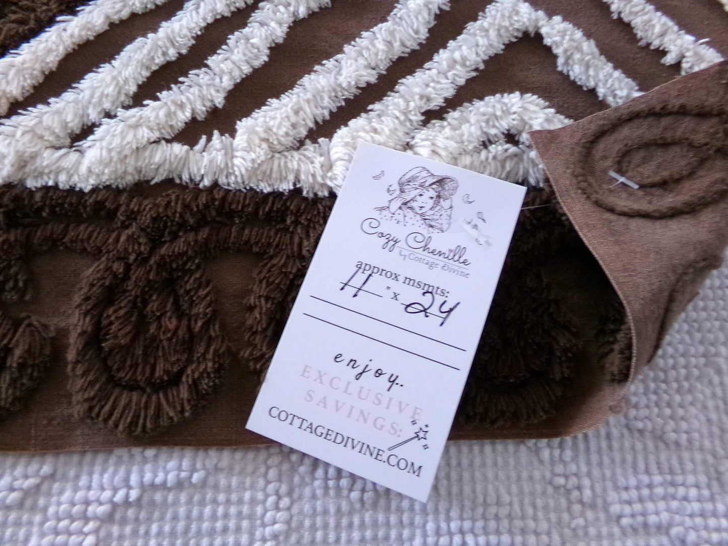 Chocolate Brown Vintage Chenille Tufted Fabric, 11" x 24" inch Piece, for Junk Journals, Fiber Arts