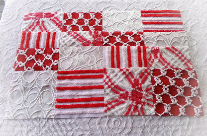 candy canes chenille fabric squares, red & white vintage craft square set of 16 blocks, 6" x 6" inch, great for Christmas stockings