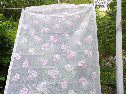 Vintage Flocked Curtain, Petal Pink Daisy & Dot Pattern, SINGLE Sheer Panel, 72"L