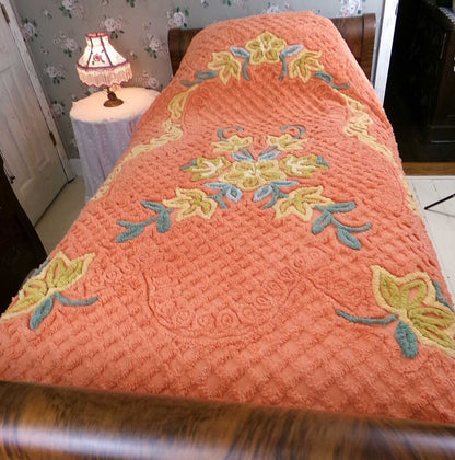 Vivid Orange Floral Vintage Chenille Bedspread, Boxed & Fitted Design, Full Size