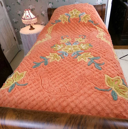 Vivid Orange Floral Vintage Chenille Bedspread, Boxed & Fitted Design, Full Size