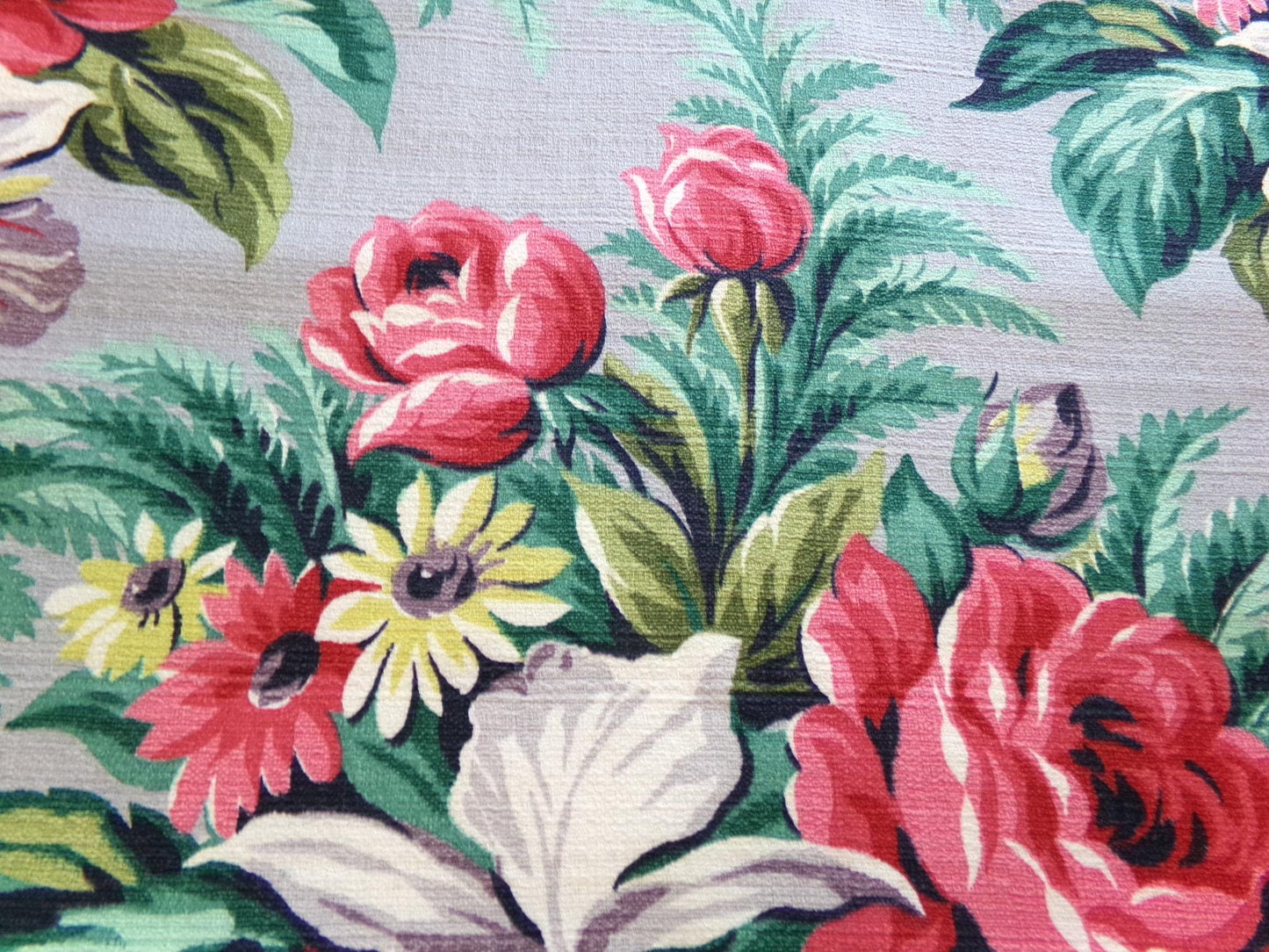 Silver Grey Botanical Vintage Barkcloth Fabric, Tropical Exotic Floral Print, 22" x 24" inches, Ideal Fabric Piece for Pillows
