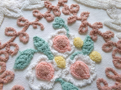 frosted cake sculpted vintage chenille fabric, cream botanicals & autumn roses, 35" x 20" inch piece of beautiful sewing material