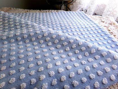 Bubble Dots Vintage Chenille Material, 24" x 18" inch Fabric Piece, Little White Pops on Sky Blue, Beachy Coastal Vibes