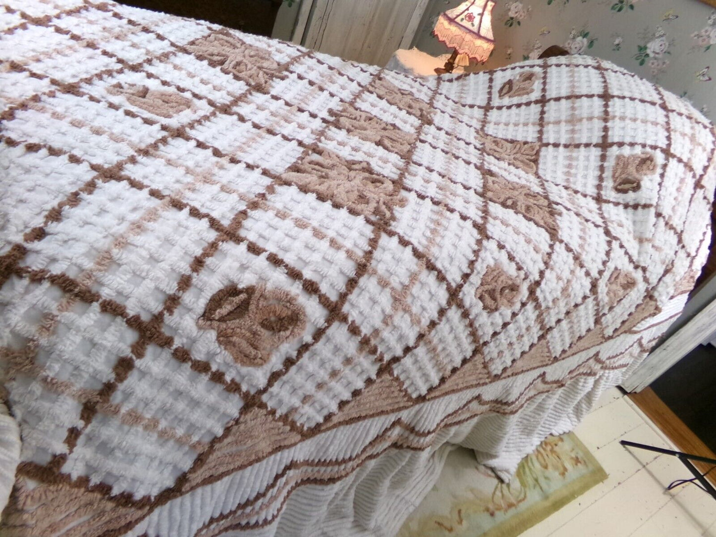 Vintage full size chenille bedspread, chocolate brown roses, boxed & fitted design